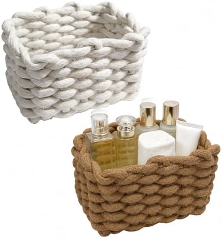 Woven Baskets 2 Pcs White and Brown, Small Storage Basket & Basket Organizer, Decorative Basket for Home, Countertop Cosmetics Toys Wardrobe Living Room Bedroom Desktop Storage and Decoration by Unknown