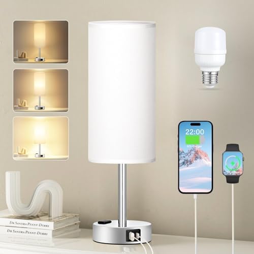 Fenmzee White Bedside Lamp for Bedroom, Dimmable Touch, USB A+C, AC Outlet by Fenmzeelighting