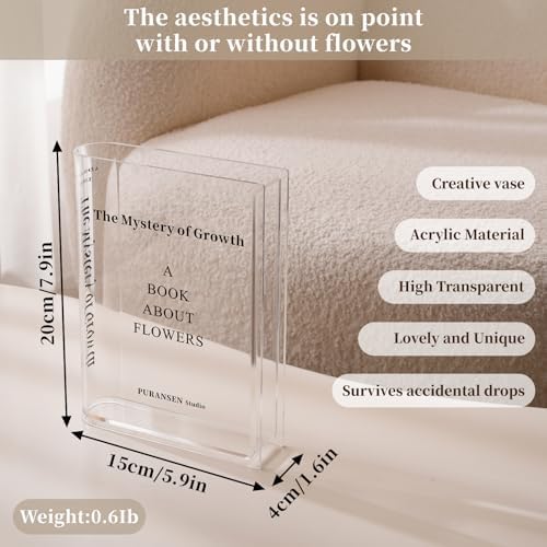 Puransen Clear Book Flower Vase - Floral Bookshelf Decor, Acrylic Flower Holder & Space-Saving Organizer, Modern Home Office/Study Desk Minimalist Aesthetic (Not Including Flowers) - Image 2
