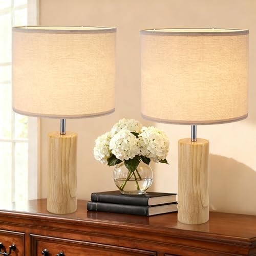 lapupu 23.5" Wood Table Lamps Set of 2 for Living Room, Vintage Farmhouse Bedside Lamps for Bedroom, Large Round Desk Lamps for End Table Nightstand, Natural Wood - Image 5