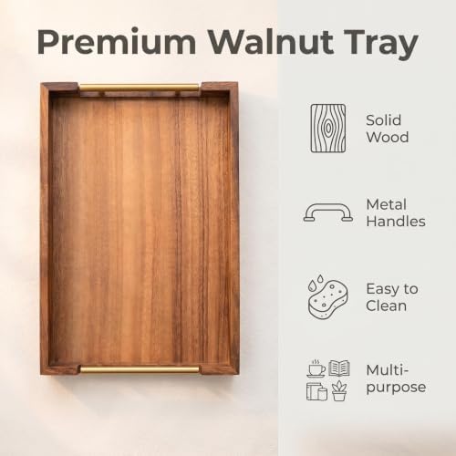 Walnut Wood Serving Tray with Metal Handles, Decorative Wooden Tray for Coffee Table, Living Room, Kitchen Counter and Party (15.75x11.81x1.97 Inch) - Image 2
