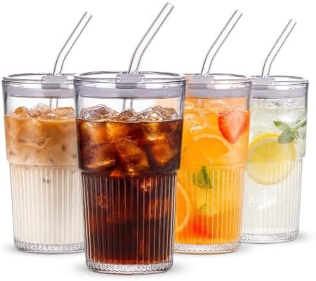16oz/470ml Ribbed Glass Iced Coffee Tumbler with Lid and Straw, Thick-walled Clear Drinking Glass Cups for Cold Brew, Matcha, Smoothies, Leak-Resistant BPA-Free Travel Mug-4pack by Unknown