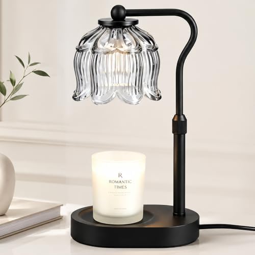 Briever Flower Candle Warmer Lamp, Adjustable Height Electric Candle Lamp with Timer & Dimmer, Wooden Base Wax Warmer, Christmas Birthday Housewarming Gifts for Women Mom, Black-Gray Glass by Briever