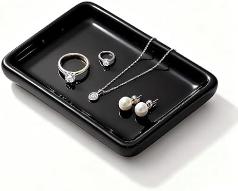 Square Minimalist Ceramic Ring Dish, Black Jewelry Tray for Women, Modern Vanity Decor & Organizer, Ideal Engagement Wedding Birthday for Friend Sister by Unknown