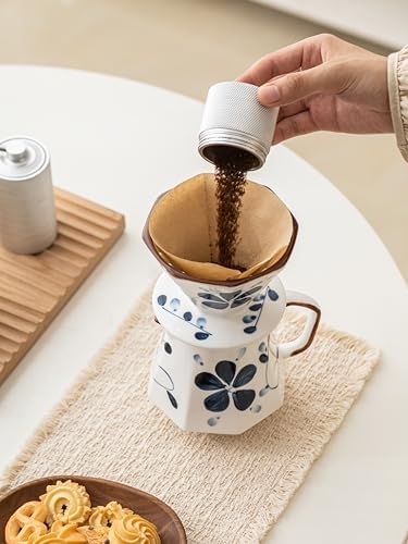 Pour Over Coffee Maker,Ceramic Coffee Maker With 40 pcs Paper Filter，20oz/600ml Pour Over Coffee Dripper (Blue and white) - Image 4