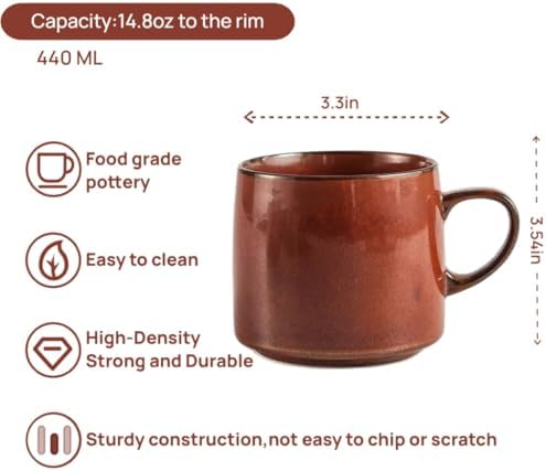 12oz Japanese Style Minimalistic Asian Rustic Ceramic Pottery Coffee Mug, Lead-Free Glaze earthen Tea Mug,Tea cup with handle, stoneware mugs for home and office, Microwave and Dishwasher Safe (Red) - Image 2