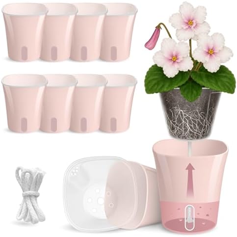 10 Pack 3" Self Watering Pots for Indoor Plants, Clear Inner Cup, Small Pink Plastic Planters, Water Level Indicator, Drainage Holes, Extra 3ft Wick, Cuttings,Seedlings,Herb,African Violet by Vandorelle