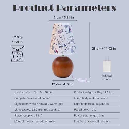 Vintage Wooden Night Lamp, Wood Base Fabric Lampshade, Adjustable Light Color and Brightness with Power-Off Memory, Safe USB Powered, Retro LED Table Light for Bedroom Living Room Office (Voyage) - Image 6