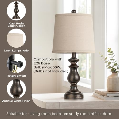 PARTPHONER Traditional Table Lamp Set of 2, Rustic Farmhouse Table Lamps for Living Room Bedroom, 22" Bedside Desk Lamps Vintage Nightstand Lamps with Linen Shades, Oil Rubbed Bronze - Image 3