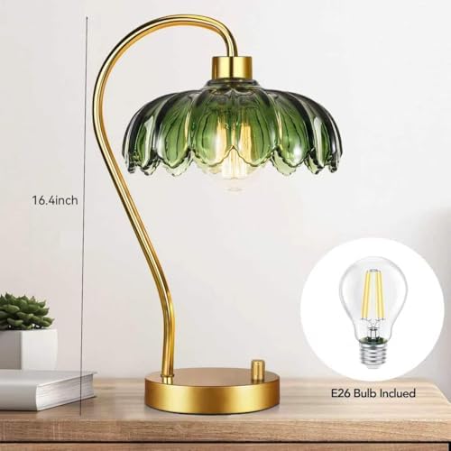 ILLMTW Flower Table Lamp for Bedroom Living Room,Small Gold Bedside Lamps Dimmable Boho Bedroom Lamp with Glass Green Lamp Shade,Vintage Mid Century Modern Mini Nightstand Lamp - Image 6