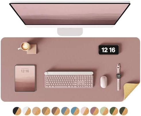 YSAGi Double-Sided Desk Pad, 35.4"x17" Leather Desk Mat, Eco Cork Desk Pad Protector,Large Mouse Pad,Waterproof Desk Blotter for Office/Home (Pale Mauve/Cork) by YSAGi