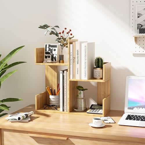 Modern 2-Tier Desk Bookshelf, Short Book Organizer, Display Shelf & Desktop Storage Rack, Space-Saving Desk Bookshelf for Books, Decor & Small Items, Natural - Image 5