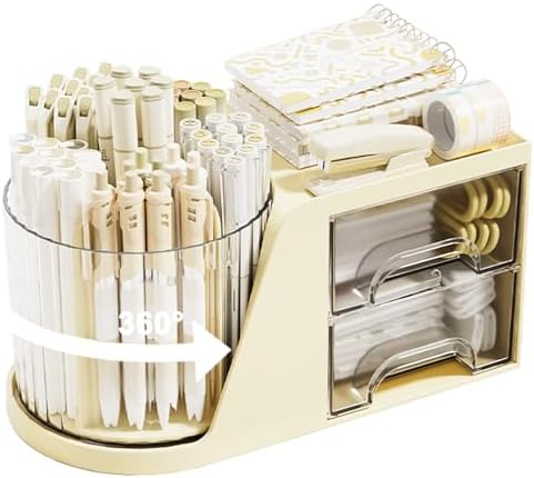 SAYEEC Rotating Desk Organizer with 2 Drawer, 6 Slots Multi-Functional Pencil Pen Holder, Desktop Makeup Organizer Stationery Accessories Storage Box Caddy for Office School Home Art Supplies (Beige) by SAYEEC