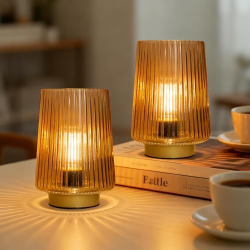 Battery Operated Lamp with Timer, Set of 2 Small Cozy Table Lamp Decorative Ambient Glass Lamp for Bedside & Home Decor, Aesthetic Cordless Battery Powered Accent Lamp for Living Room Shelf, Amber by LUSHARBOR