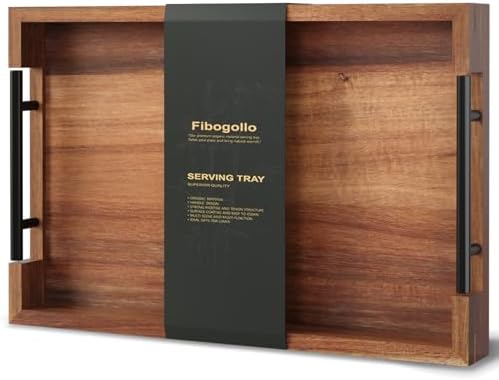 Fibogollo Acacia Wood Serving Tray with Metal Handles,15x10in Ottoman Decorative Trays Platter for Coffee Table,Living Room,Bar,Party(Medium) by Fibogollo
