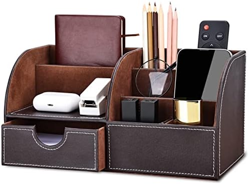 KINGFOM Pu Leather Desk Organizer Pen Pencil Holder Office Supplies Caddy Storage Box 6 Compartments with Drawer Brown by KingfomLeatherHomeOfficeDecor