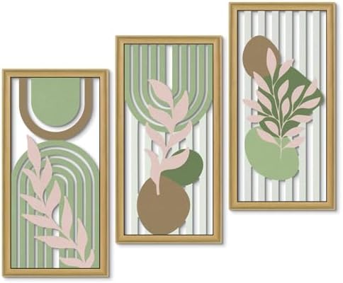 Putuo Decor Boho Abstract Wall Art Set of 3, Modern Geometric Botanical Wooden Wall Decor, Mid-Century Minimalist Framed Artwork, Warm Toned Aesthetic Prints for Living Room, Bedroom, Office by PUTUODECOR