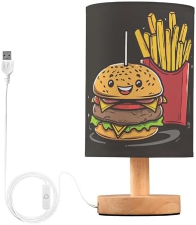Fustylead Cartoon Style Hamburger and Fries Bedside Table Lamps with USB Port for Bedroom Lamp Accent Table Lamp Small Nightstand Lamp Sturdy Linen Shade Wooden Decorative Lamps for Home|Kids|Holiday by Fustylead