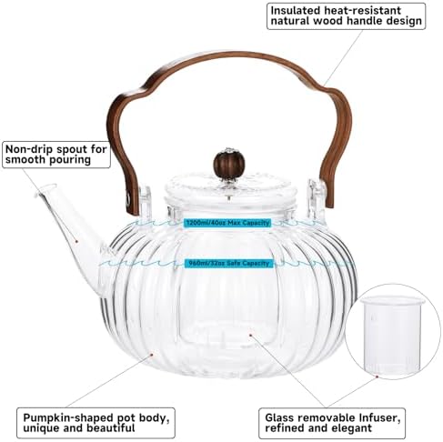40OZ/1200ML Glass Pumpkin Teapot with Removable Infuser & Lid, Stovetop & Microwave Safe Clear Borosilicate Glass Tea Maker Water Kettle for Loose Leaf Blooming Tea - Image 3