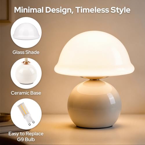 Glass Mushroom Lamp, Dimmable Bedside Table Lamp (White) - Image 6