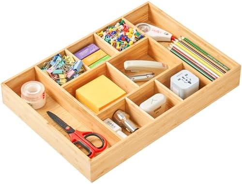 Umilife Extra Large Bamboo Desk Drawer Organizer, Wood Junk Organizer Tray with Adjustable Dividers, Anti-Skip Storage Organization in Office Bathroom Drawer for Vanity, Makeup, 17" x 12" by Umilife