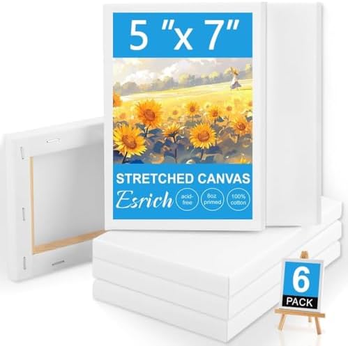 ESRICH Small Canvases for Painting, 6 Pack Canvas 5x7 Inch Stretched Canvas 2/5" Profile Primed Acid Free Painting Canvas for Kids for Oil Paint,Watercolor,Acrylic Paint,Gouache &Tempera. by ESRICH