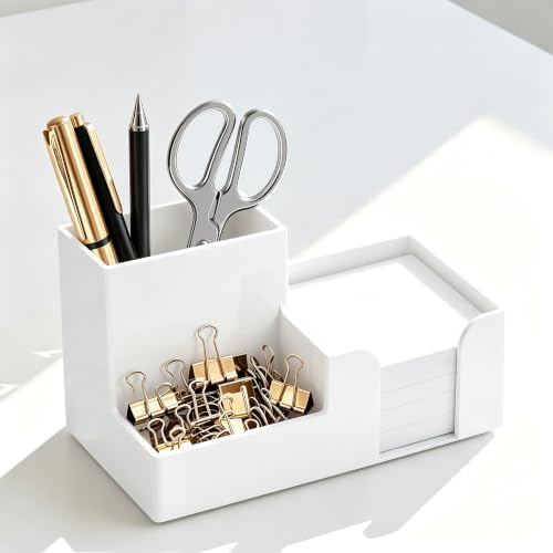 HBlife Acrylic Pen Holder for Desk, 3-Compartment Small Desk Organizer, White Office Supplies Desk Accessories with Sticky Notes Holder Stores Post It Notes 3X3 for Office, Home and School - Image 5