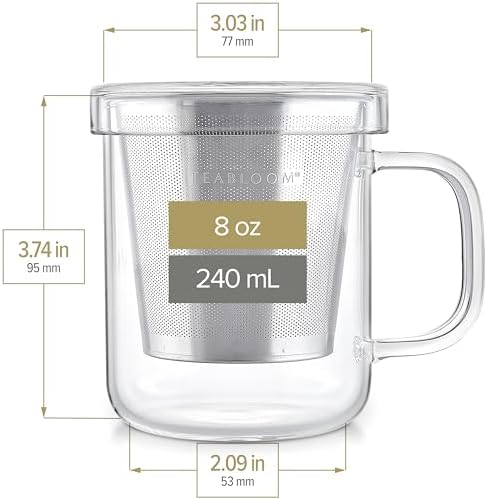 Teabloom Premium Borosilicate Glass Mug with Stainless Steel Loose Leaf Tea Infuser and Lid/Dish - 8 Ounces (240 mL) - Image 5