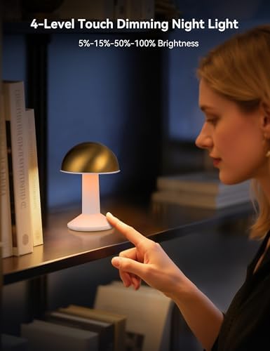Tubicen 2 Pack Rotatable Mushroom Table Lamp Gold Cordless Bedside Lamp - Image 6