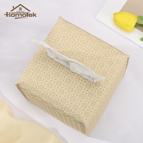 HOMOTEK 1 Pack Tissue Box Cover, Square PU Leather Tissue Holder, Decorative Facial Tissue Cube Paper Organizer Dispenser for Bathroom, Night Stands, Desk, Car 5X5X5'' - Rattan Weave, Beige - Image 2