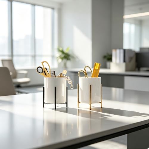 Pencil Holders & Pen Holders Gold Desk Accessories for Women Strong Metal and Ceramic Pen cup(High5.5'' x wide3.8'') - Image 2