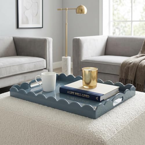 Gesodant Scalloped Glossy Plastic Lacquer Decorative Tray, 15.7 x 11.8 Inch Rectangle Serving Tray with Handles for Coffee Table, Ottoman, Bedroom Vanity, Living Room Centerpiece (Dusty Blue) - Image 2