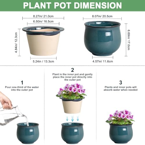 8 Inch Ceramic Self Watering Plant Pots, Ceramic Planter, Retro Blue - Image 2