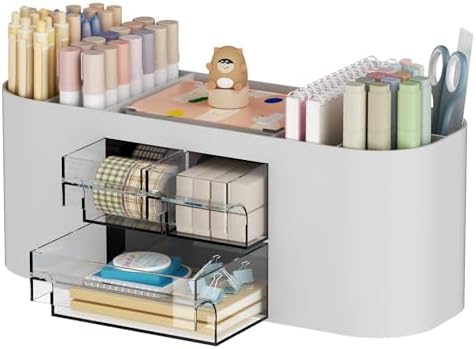 Marbrasse Desk Organizer Pen Holder for Desk with 3 Drawers, Multi-Functional Pencil Holder, Desk Organizers and Accessories with 7 Compartments for Home, School, Classroom(Grey) by Marbrasse