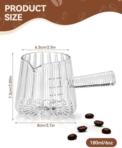 2 PCS Espresso Measuring Cup 6 Oz, Espresso Glass Cups with Glass Handle, Milk Frothing Cup, Espresso Cup for Coffee, Milk, Tea or Maple Syrup Serving (Pure Transparent Color) - Image 2