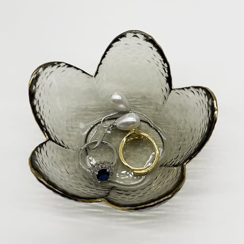 Flower Ring Dish Jewelry Tray, Glass Jewelry Dish Tray, Cute Room Decor Small Trinket Dish, Nightstand Jewlery Ring Holder, Bathroom Jewlery Plate Bowl for Earring Gift for Women (Smoky Black) - Image 4