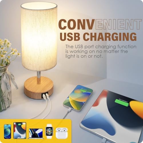 Yarra-Decor Bedside Table Lamp with USB Ports - Touch Control for Bedroom 3 Way Dimmable Nightstand Lamp with Round Fabric Shade for Living Room, Dorm, Home Office, Corded Electric, Without Battery - Image 3
