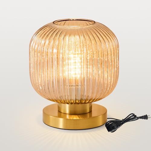 Mid Century Modern Table Lamp, 8" Globe Amber Glass Lamp Plug in by HONIEGG