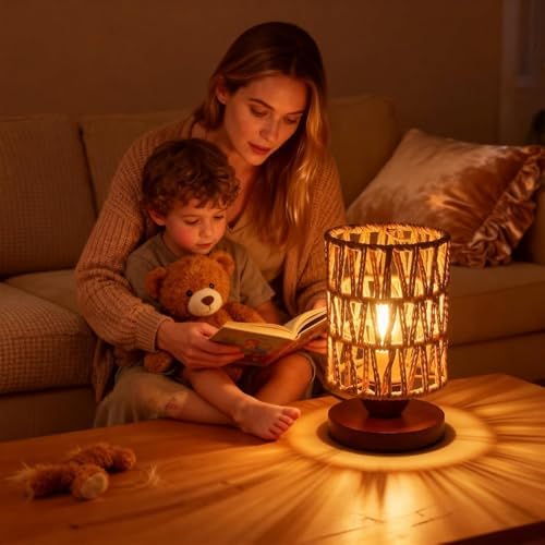 Handmade Rattan Lamp Farmhouse Table Lamp for Bedroom, Stepless Dimming Rustic Woven Lamps for Night Stands with Warm White LED Bulb, Boho-Inspired Boho Lamps for Living Room Kitchen Nook - Image 5