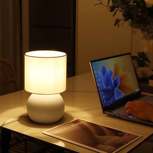 Modern White Small Table Lamp with Cotton Linen Shade, 6.2×6.2×10.4 inch LED Desk Light, One-Button Switch for Bedroom, Living Room, Nightstand, Includes Warm Light Bulb - Image 6