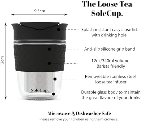 Travel Mug Loose Tea Infuser - Detachable Tea Strainer with Spillproof Lid - BPA-Free Reusable Glass Travel Coffee Cup with Silicone Band (Black, 12oz) - Image 2