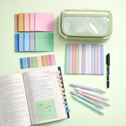 Jutom 39 Pcs Aesthetic Book Annotation Kit Highlighter with Pencil Case Bag Gel Pen Transparent Sticky Note Taking Bible Study College School Supplies (Green,Minimalist Style) - Image 5