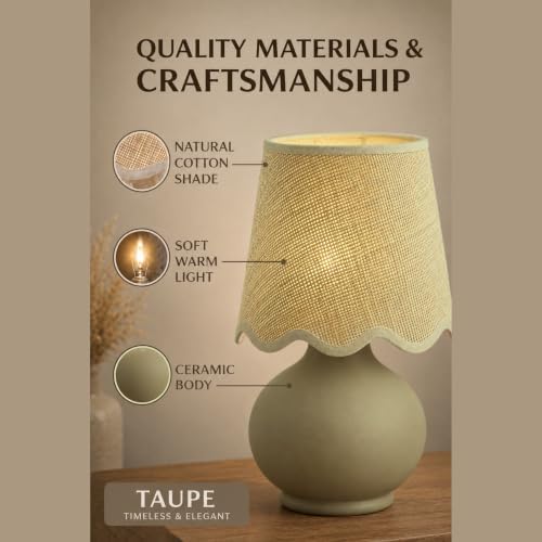 Benton Ceramic Table Lamp with Fabric Shade – 13" Bedside Accent Lamp for Bedroom, Living Room & Nightstand (Taupe) - Image 4