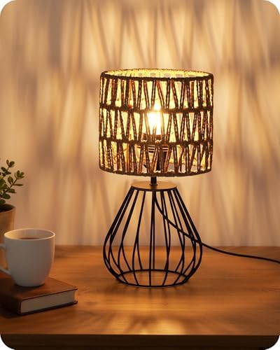 Rattan Table Lamp, Boho Table Lamp, Small Bedside Lamp, Handwoven Paper Lampshade, 2700K LED Bulb Included, Boho Desk Lamp, Modern Nightstand Lamp for Bedroom, Living Room, HW06TL05 by GOEBLESON