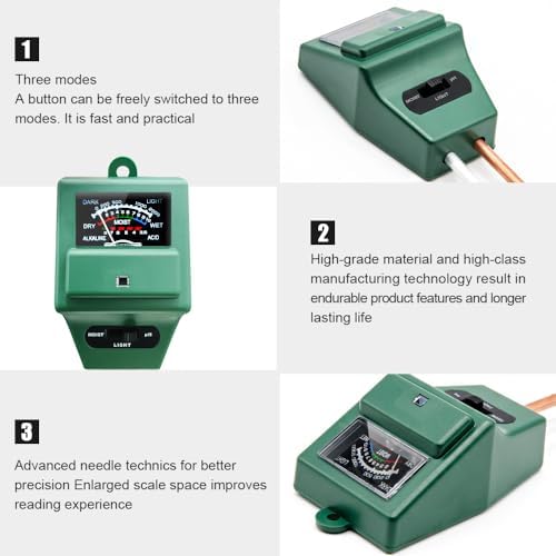 SONKIR Soil pH Meter, MS02 3-in-1 Soil Moisture/Light/pH Tester Gardening Tool Kits for Plant Care, Great for Garden, Lawn, Farm, Indoor & Outdoor Use (Green) - Image 3