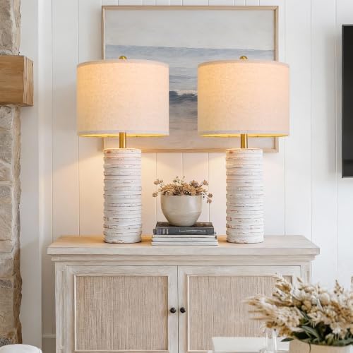 PoKat 27'' Tall Table Lamps for Living Room, Farmhouse Bedside Lamps Set of 2 for Bedroom, Rustic Ceramic Nightstand Lamps with Linen Lampshade Distressed Design for Office Entryway Hallyway (White) - Image 2