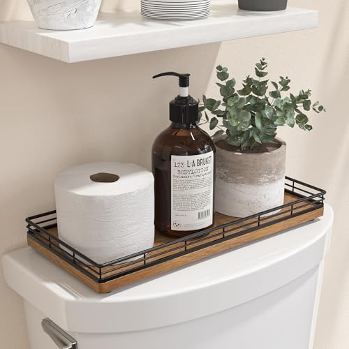 Acacia Bathroom Toilet Tank Tray, 13" Wood Toilet Paper Storage Basket Back of Toilet Basket Organizer, Vanity Tray for Perfume Makeup Candle Kitchen Counter Coffee Table Decor by Focusonit