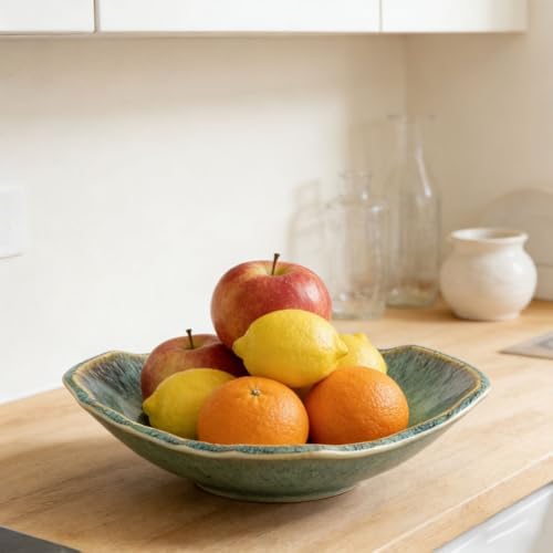 QIANLING 12" Green Decorative Bowl, Large Ceramic Fruit Bowl for Kitchen Counter, Decorative Large Shallow Ceramic Serving Bowl, Key Bowl for Entryway Table, Teal Tray for Home Decor - Image 3