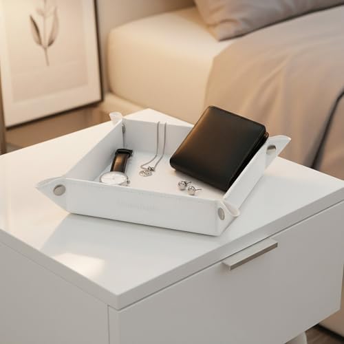 UnionBasic Small Valet Tray, Jewelry Tray for Rings Watches Earrings, Entryway Catchall Caddy for Coins Keys Change, Nightstand Bedside Valet Holder, Trays for Electronic Gadgets, White - Image 3