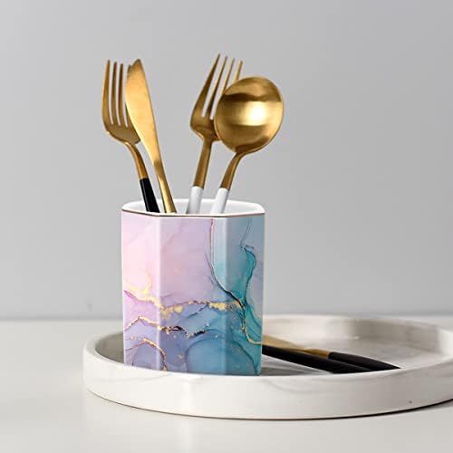 Ceramic Marble Pen Holder, Cute Stationery Holder for Office, Makeup Brush Holder for Girl Women, Colorful Green - Image 4